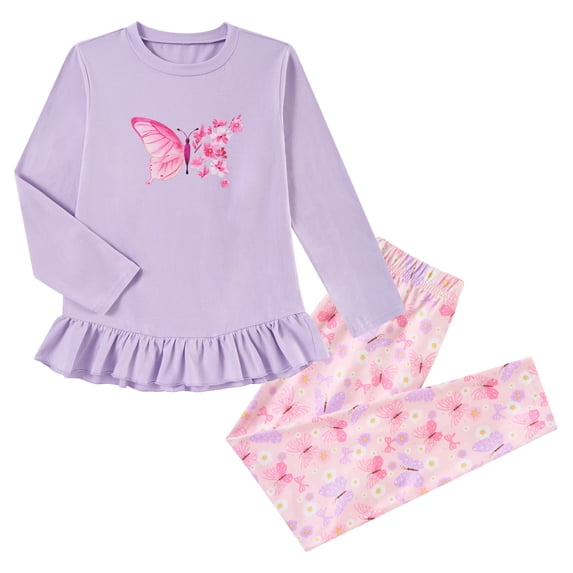Aideaone Girls Outfit Fall 2 Pcs Clothes Sets Long Sleeve Ruffle Hem Shirt Floral Pants for Kids Size 3-8