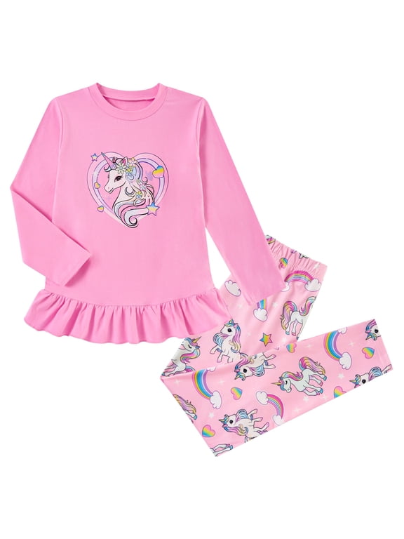 Girls Outfit Fall 2 Pcs Clothes Sets Long Sleeve Ruffle Hem Shirt Floral Pants for Kids Size 3-8