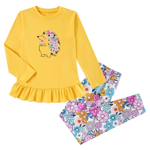 Aideaone Girls Outfit Fall 2 Pcs Clothes Sets Long Sleeve Ruffle Hem Shirt Floral Pants for Kids Size 3-8