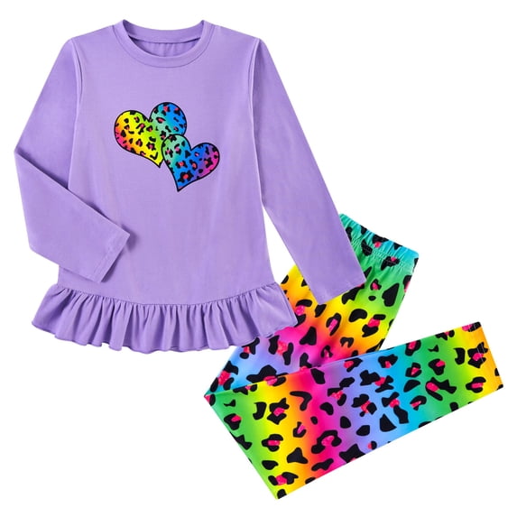 Aideaone Girls Outfit Fall 2 Pcs Clothes Sets Long Sleeve Ruffle Hem Shirt Floral Pants for Kids Size 3-8