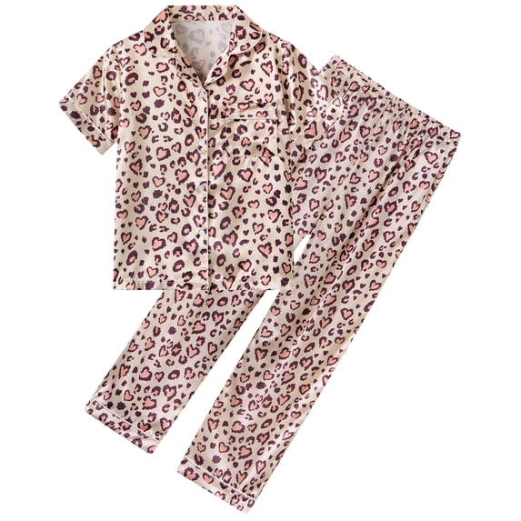 Aideaone Girls Pajamas Set 2 Piece Printed Silky Button Down Sleepwear with Short Sleeve Top and Long Pants 5-14 Years