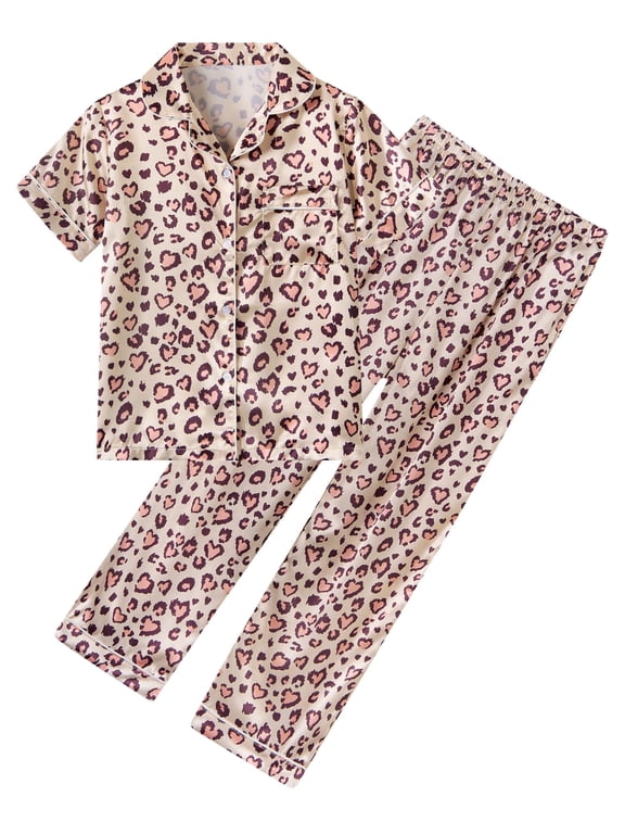 Girls Pajamas Set 2 Piece Printed Silky Button Down Sleepwear with Short Sleeve Top and Long Pants 5-14 Years