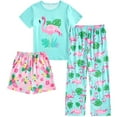 thumbnail image 1 of Aideaone Girls Pajamas Sets 3 Piece Short Sleeve Shirt Top Pants Shorts with Pockets Sleepwear 7-14 Years, 1 of 5