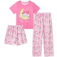 thumbnail image 1 of Aideaone Girls Pajamas Sets 3 Piece Short Sleeve Shirt Top Pants Shorts with Pockets Sleepwear 7-14 Years, 1 of 5