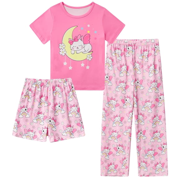 Aideaone Girls Pajamas Sets 3 Piece Short Sleeve Shirt Top Pants Shorts with Pockets Sleepwear 7-14 Years