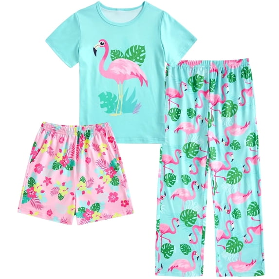 Aideaone Girls Pajamas Sets 3 Piece Short Sleeve Shirt Top Pants Shorts with Pockets Sleepwear 7-14 Years
