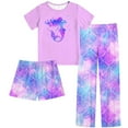thumbnail image 1 of Aideaone Girls Pajamas Sets 3 Piece Short Sleeve Shirt Top Pants Shorts with Pockets Sleepwear 7-14 Years, 1 of 5