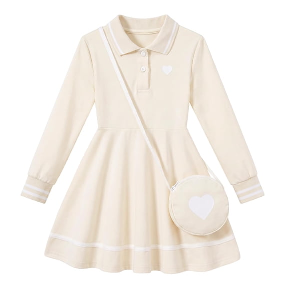 Aideaone Girls Polo Dress Long Sleeve Collared School Uniform Dress with Heart Crossbody Bag 2 Piece Preppy Set for Toddler Girls 2-7Y