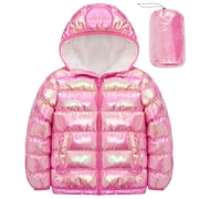 Girls Puffer Jacket Packable Hooded Warmth Padded Winter Coat Metallic Shine Outerwear 10-12Years