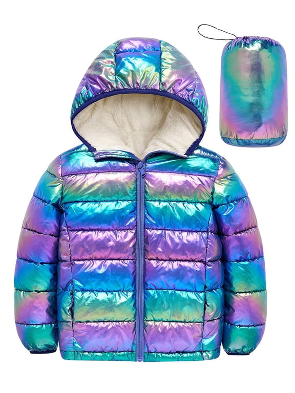 Girls Puffer Jacket Packable Hooded Warmth Padded Winter Coat Metallic Shine Outerwear 10-12Years