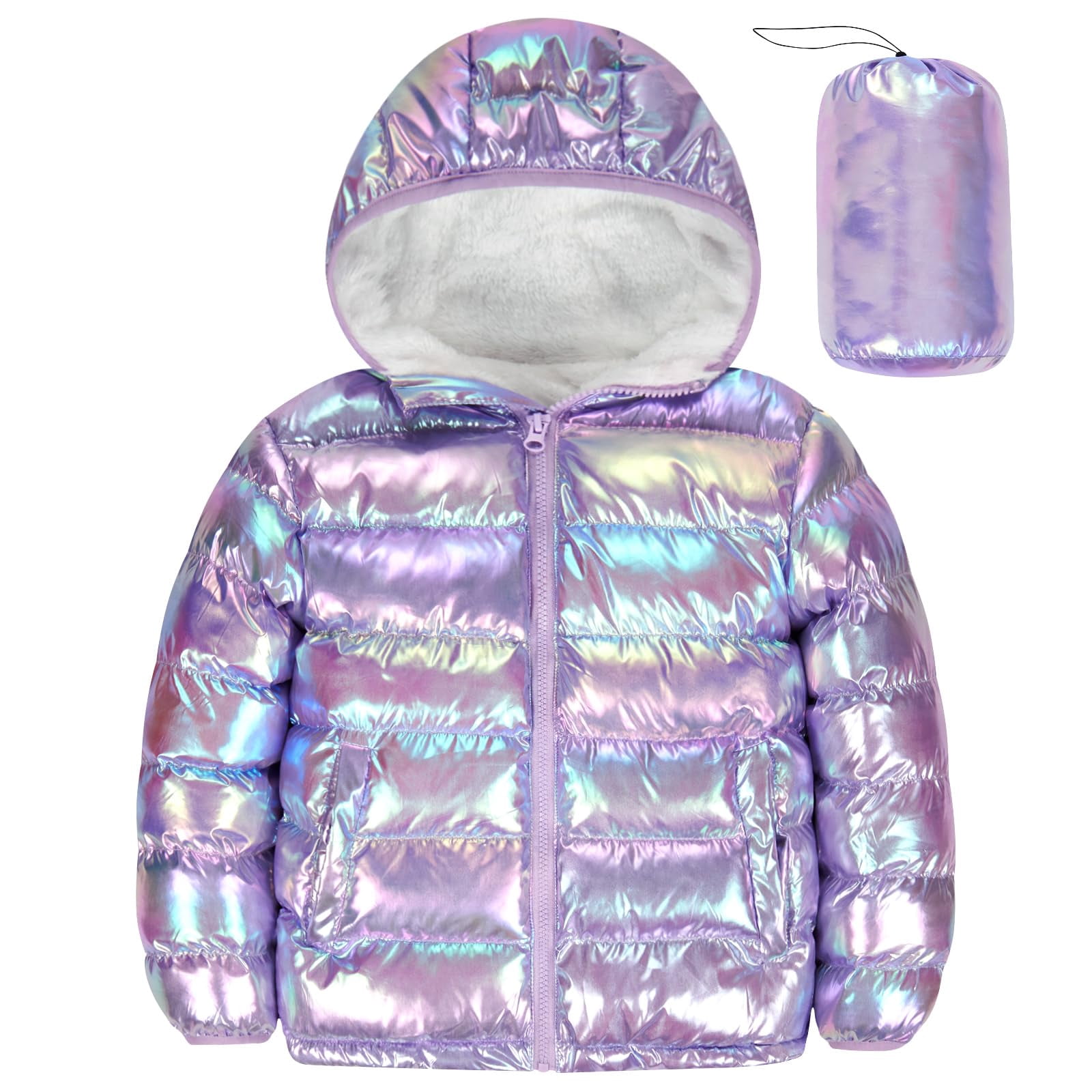 Girls Puffer Jacket Packable Hooded Warmth Padded Winter Coat Metallic Shine Outerwear 10-12Years