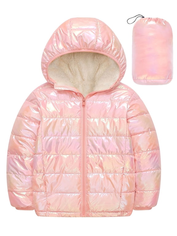 Girls Puffer Jacket Packable Hooded Warmth Padded Winter Coat Metallic Shine Outerwear 10-12Years