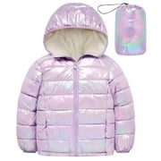 AIDEAONE Girls Puffer Jacket Packable Hooded Warmth Padded Winter Coat Metallic Shine Outerwear 10-12Years