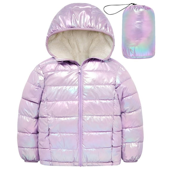 Aideaone Girls Puffer Jacket Packable Hooded Warmth Padded Winter Coat Metallic Shine Outerwear 10-12Years