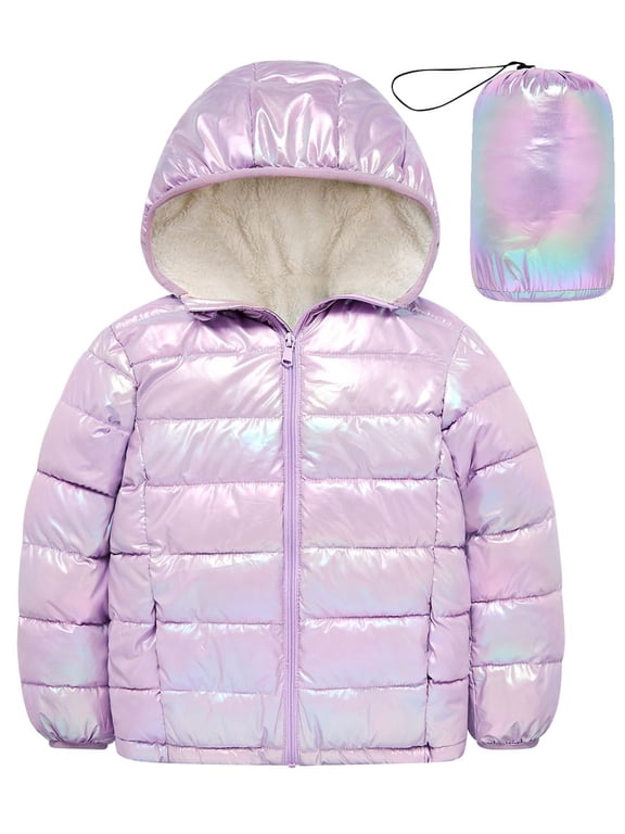 Girls Puffer Jacket Packable Hooded Warmth Padded Winter Coat Metallic Shine Outerwear 10-12Years