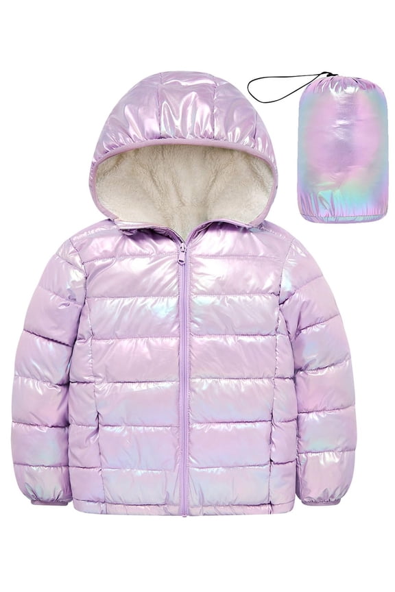 Girls Puffer Jacket Packable Hooded Warmth Padded Winter Coat Metallic Shine Outerwear 10-12Years