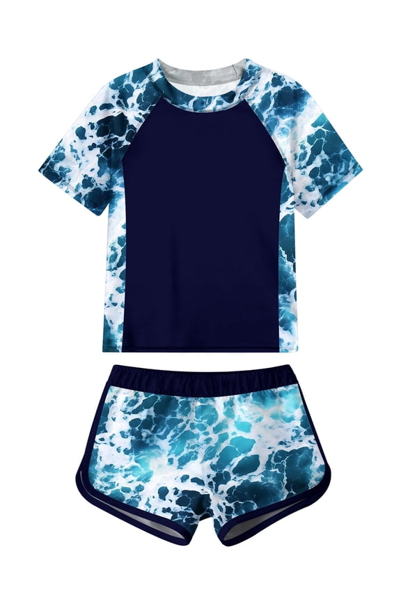 Girls Short Sleeve Swimsuit 2-Piece Tankini Rash Guard Bathing Suit Sets Beach Swimwear 8-14T