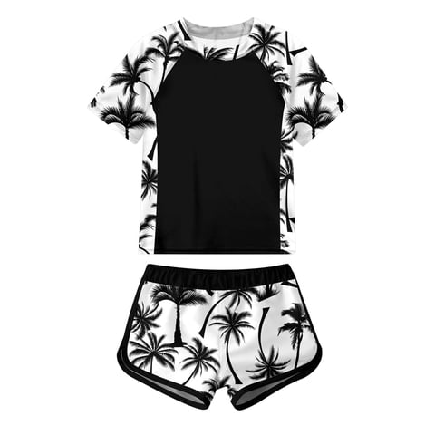 Girls Short Sleeve Swimsuit 2-Piece Tankini Rash Guard Bathing Suit Sets Beach Swimwear 8-14T