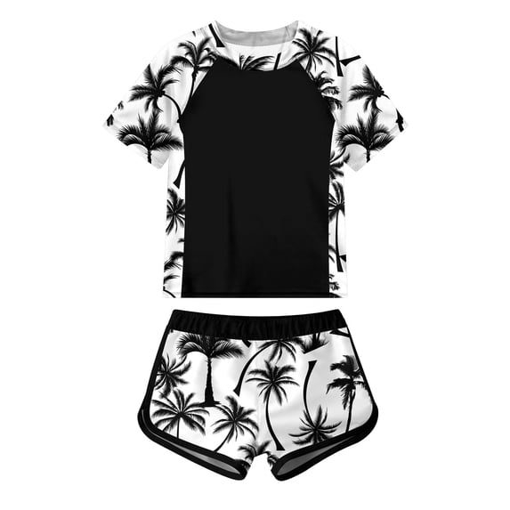 Aideaone Girls Short Sleeve Swimsuit 2-Piece Tankini Rash Guard Bathing Suit Sets Beach Swimwear 8-14T