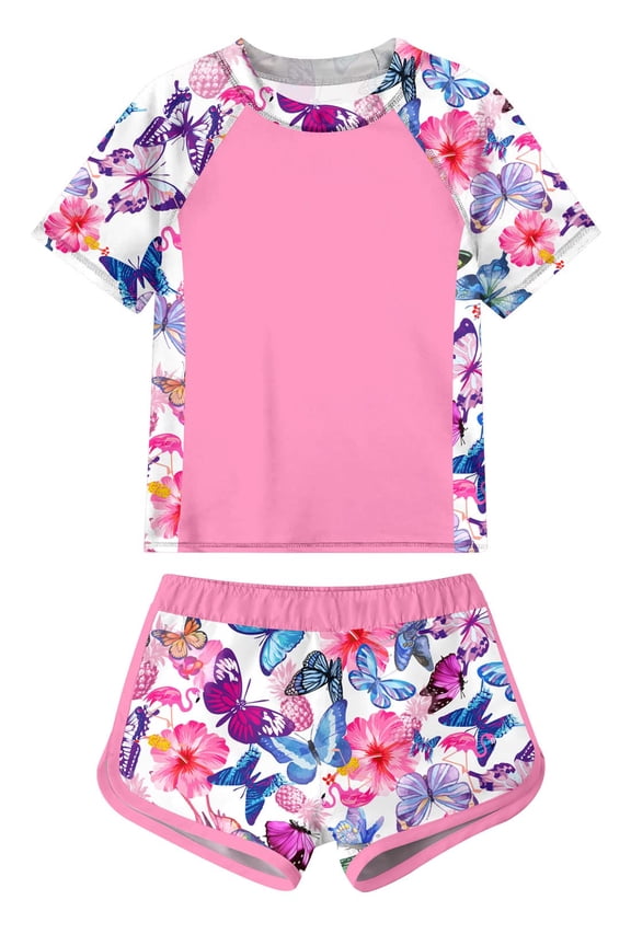 Girls Short Sleeve Swimsuit 2-Piece Tankini Rash Guard Bathing Suit Sets Beach Swimwear 8-14T
