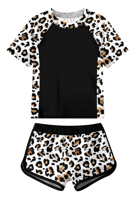 Girls Short Sleeve Swimsuit 2-Piece Tankini Rash Guard Bathing Suit Sets Beach Swimwear 8-14T