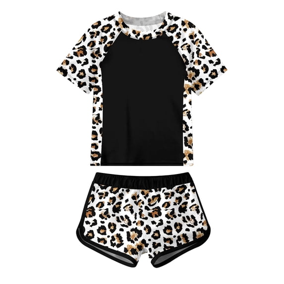 Aideaone Girls Short Sleeve Swimsuit 2-Piece Tankini Rash Guard Bathing Suit Sets Beach Swimwear 8-14T