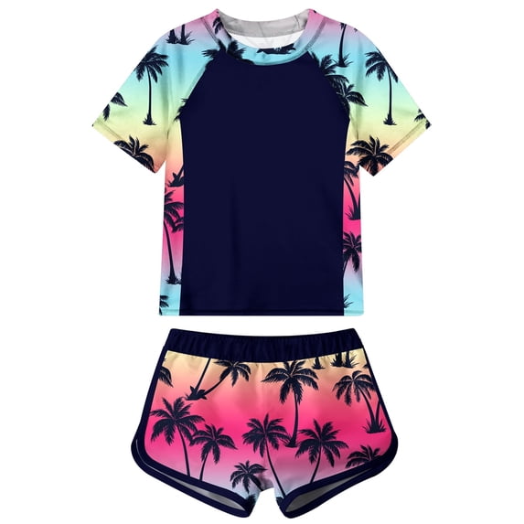 Aideaone Girls Short Sleeve Swimsuit 2-Piece Tankini Rash Guard Bathing Suit Sets Beach Swimwear 8-14T