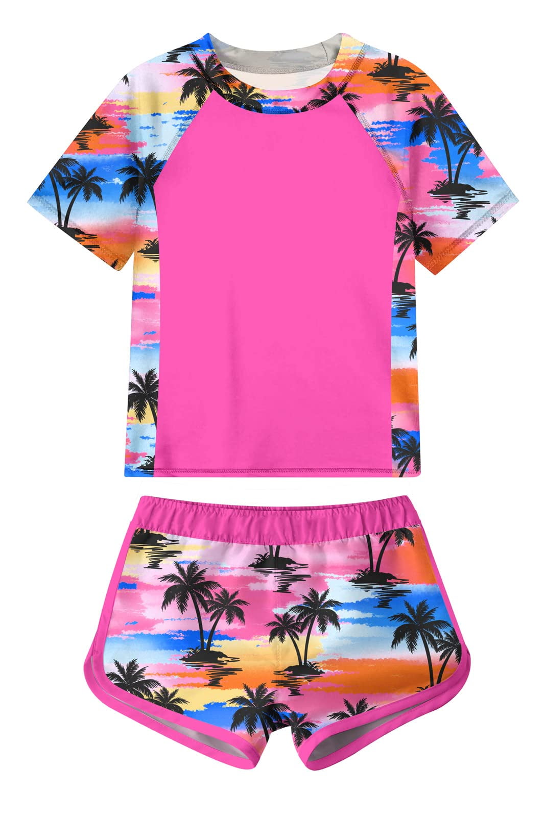Aideaone Girls Short Sleeve Swimsuit 2 Piece Tankini Rash Guard Bathing Suit Sets Beach Swimwear