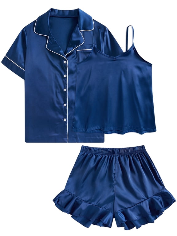 Girls Silk Pajama Sets 3pcs Button Down Kids Satin Pjs set Short Sleeve Sleepwear 6-13 Years