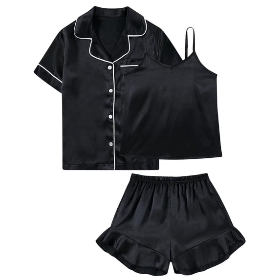Aideaone Girls Silk Pajama Sets 3pcs Button Down Kids Satin Pjs set Short Sleeve Sleepwear 6-13 Years