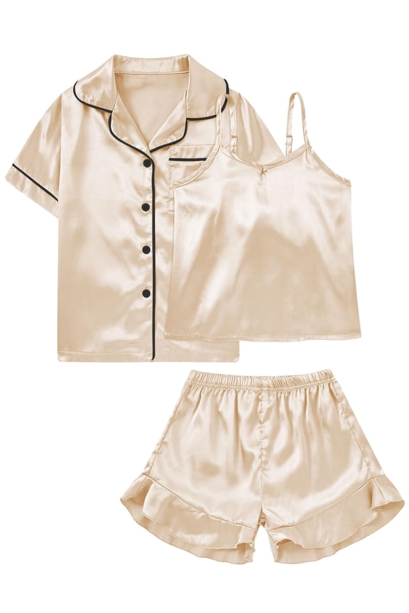 Girls Silk Pajama Sets 3pcs Button Down Kids Satin Pjs set Short Sleeve Sleepwear 6-13 Years