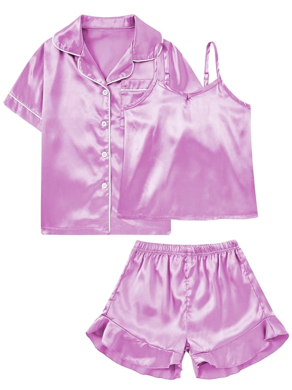 Girls Silk Pajama Sets 3pcs Button Down Kids Satin Pjs set Short Sleeve Sleepwear 6-13 Years