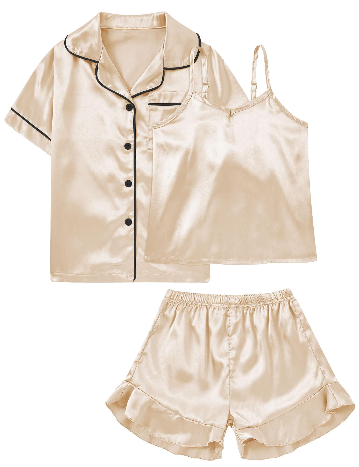 Aideaone Girls Silk Pajama Sets 3pcs Button Down Kids Satin Pjs set Short Sleeve Sleepwear 6-13 Years - Walmart.com