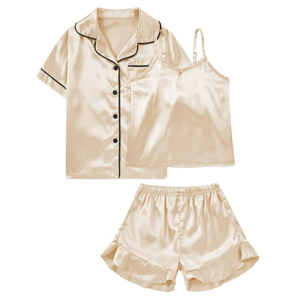 Aideaone Girls Silk Pajama Sets 3pcs Button Down Kids Satin Pjs set Short Sleeve Sleepwear 6-13 Years