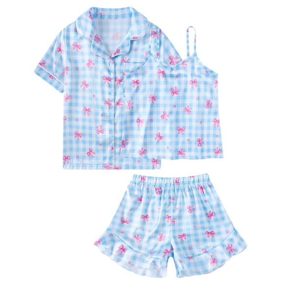 Aideaone Girls Silk Pajama Sets 3pcs Button Down Kids Satin Pjs set Short Sleeve Sleepwear 6-13 Years