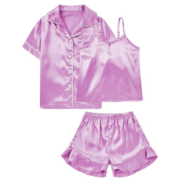 Aideaone Girls Silk Pajama Sets 3pcs Button Down Kids Satin Pjs set Short Sleeve Sleepwear 6-13 Years
