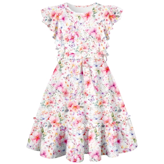 Aideaone Girls Summer Dress Ruffle Flutter Sleeve A-Line Sundress Butterfly Floral Print with Waist Tie 7-13 Years