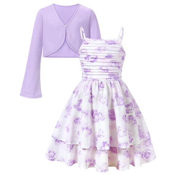 Aideaone Girls Summer Dress with Cardigan Floral Ruched Spaghetti Strap Layered Church Party Dress 7-14Y