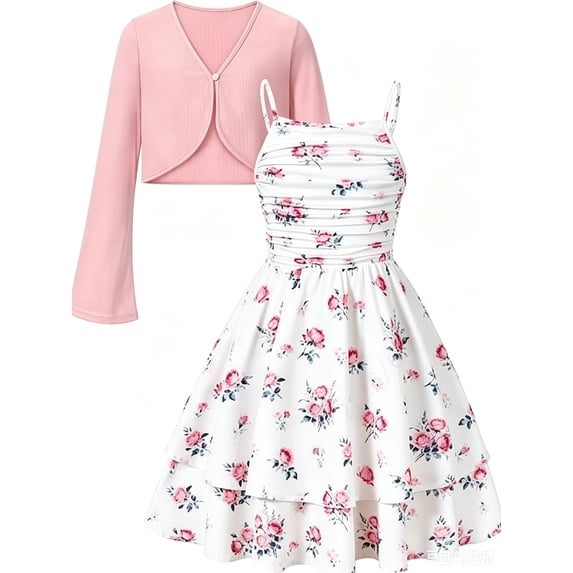 Aideaone Girls Summer Dress with Cardigan Floral Ruched Spaghetti Strap Layered Church Party Dress 7-14Y