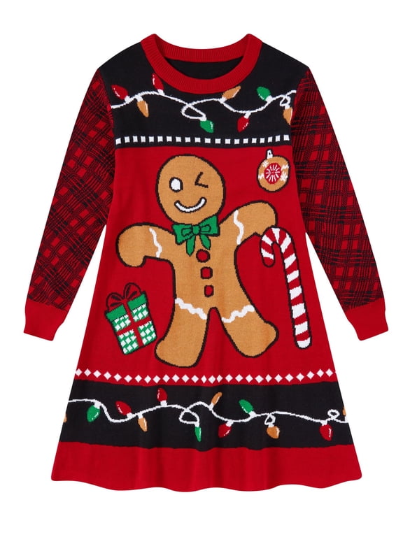 Girls Sweater Dress Little Girls Christmas Knit Dresses Long Sleeve Xmas Cartoon Snowflake Print A Line Casual Holiday Party Sundress For 4-11Y