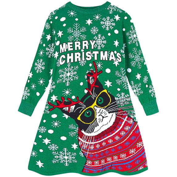Aideaone Girls Sweater Dress Little Girls Christmas Knit Dresses Long Sleeve Xmas Cartoon Snowflake Print A Line Casual Holiday Party Sundress For 4-11Y