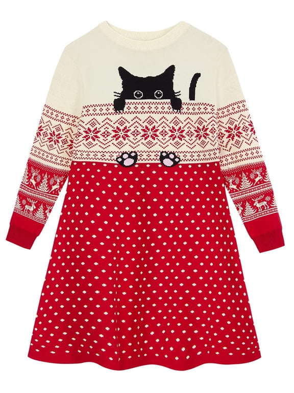 Girls Sweater Dress Little Girls Christmas Knit Dresses Long Sleeve Xmas Cartoon Snowflake Print A Line Casual Holiday Party Sundress For 4-11Y