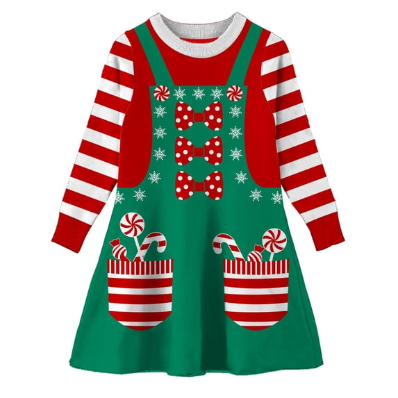Aideaone Girls Sweater Dress Little Girls Christmas Knit Dresses Long Sleeve Xmas Cartoon Snowflake Print A Line Casual Holiday Party Sundress For 4-11Y