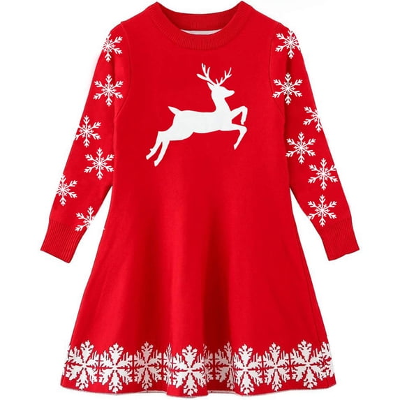 Aideaone Girls Sweater Dress Little Girls Christmas Knit Dresses Long Sleeve Xmas Cartoon Snowflake Print A Line Casual Holiday Party Sundress For 4-11Y