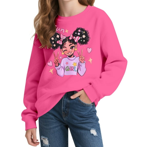 Aideaone Girls Sweatshirts Crewneck Cute Cartoon Graphic Pullover Long Sleeve Relaxed Fit Tops Rose Pink 5-14Years