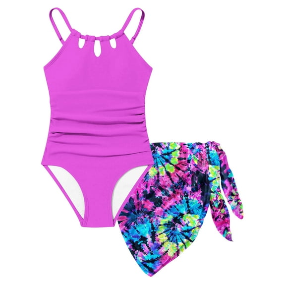 Aridak Girls Swimsiut One-Piece with Cover Up Adjustable Straps Cut Out Swimwear Beach Bathing Suit Size 8-16