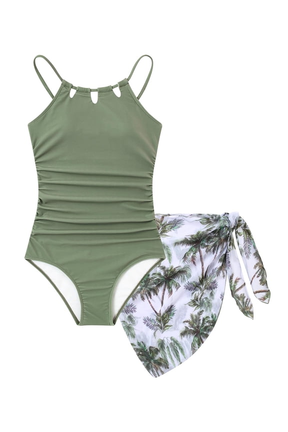 Girls Swimsiut One-Piece with Cover Up Adjustable Straps Cut Out Swimwear Beach Bathing Suit Size 8-16