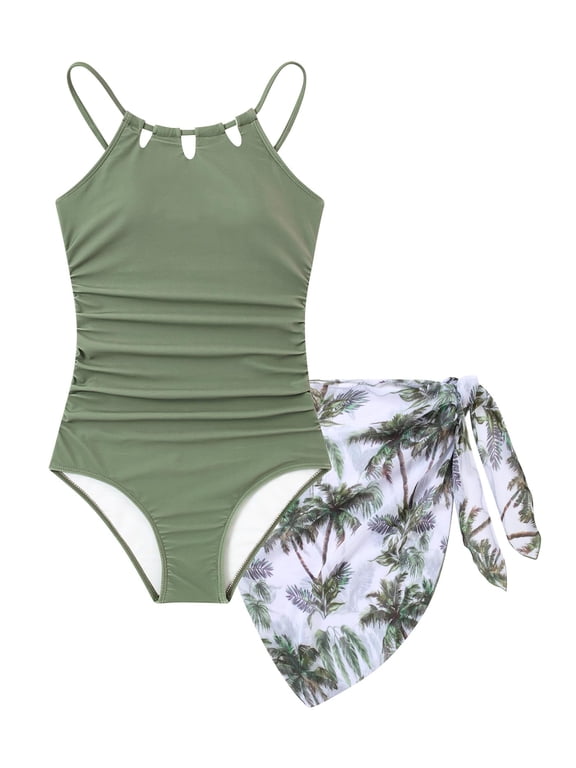 Girls Swimsiut One-Piece with Cover Up Adjustable Straps Cut Out Swimwear Beach Bathing Suit Size 8-16