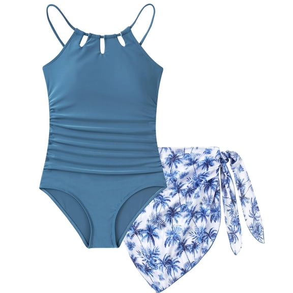 Aideaone Girls Swimsiut One-Piece with Cover Up Adjustable Straps Cut Out Swimwear Beach Bathing Suit Size 8-16