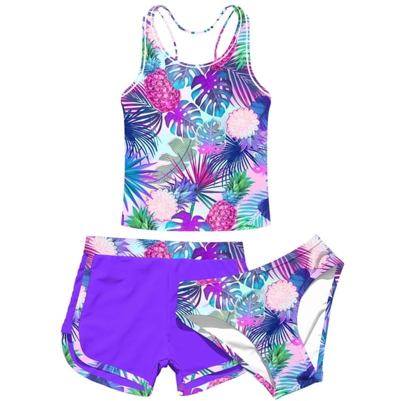 Aideaone Girls Swimsuit 3 Piece Bathing Suit UPF 50+ Beach Tankini Sets Girls' Racerback Swimwear with Shorts 8-15 Years